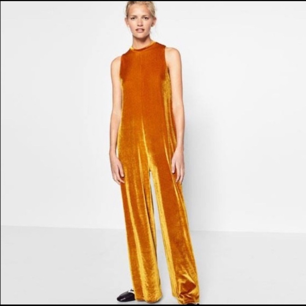 Zara velvet mustard wide legged jumpsuit
